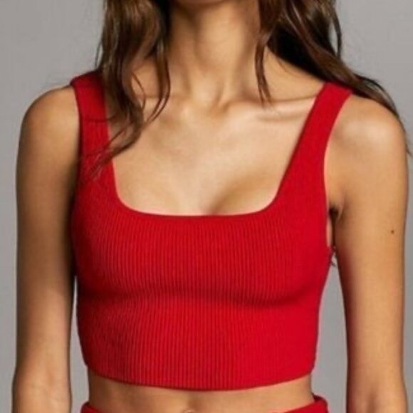 Sculpt Knit Squareneck Ribbed Cropped Tank Top in Red - Picture 1 of 2
